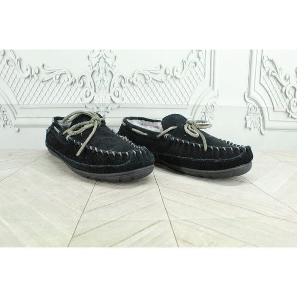 LL Bean Black Suede Shearling Lined Wicked Good Moccasins Slippers 9 M - Picture 3 of 8